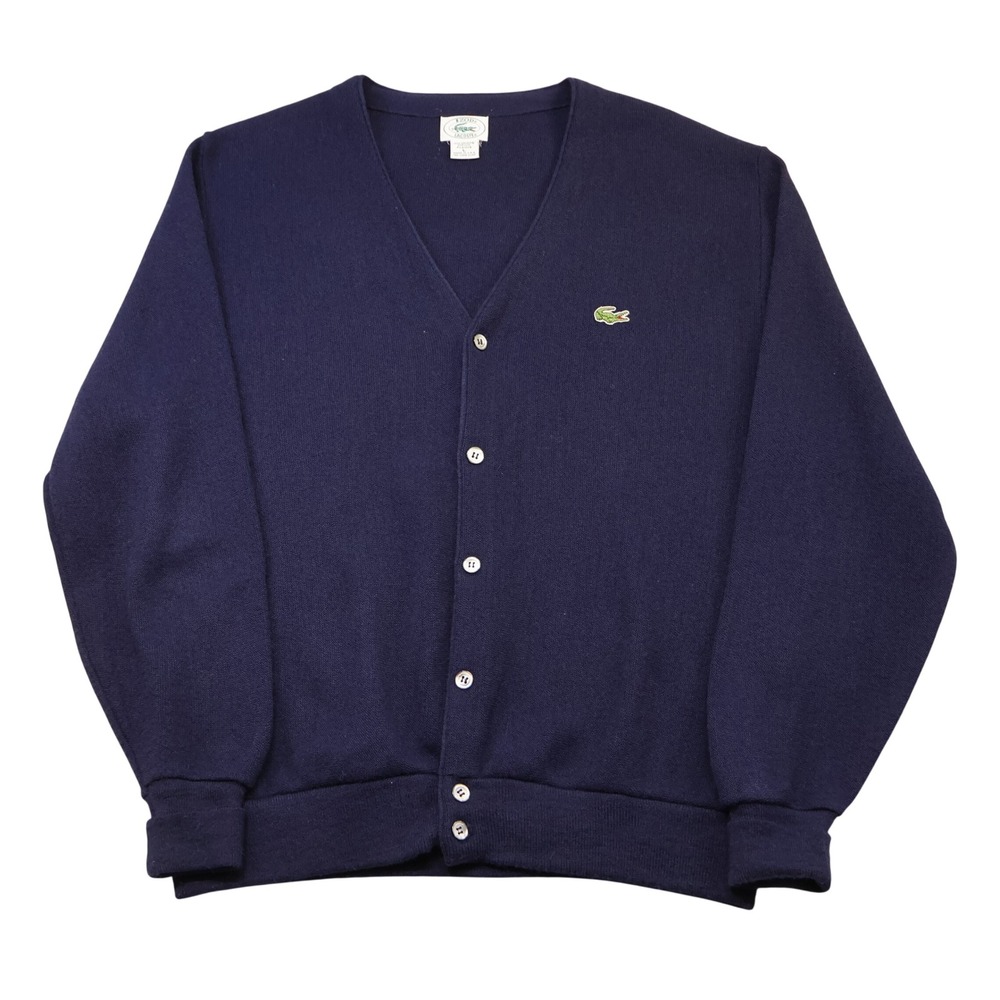 Izod Lacoste Mens L Cardigan Sweater Navy Blue Vintage Orlon Acrylic V-Neck USA